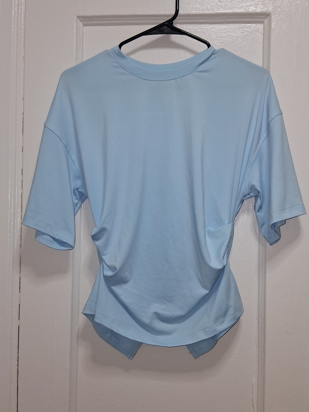 Women’s Light Blue Ruched Short Sleeve Top Size M Stretchy Casual